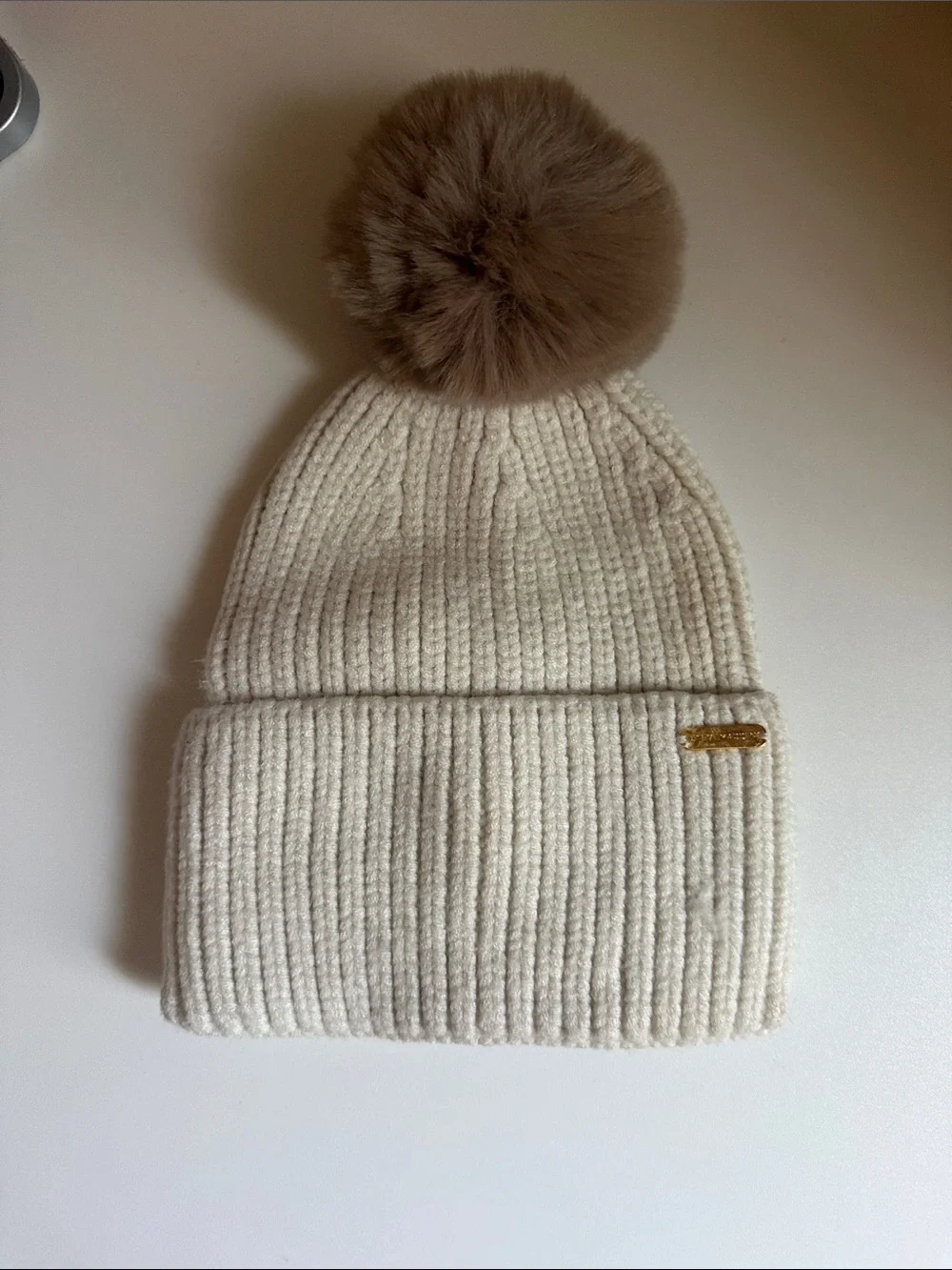 Steve Madden Cream Knit Beanie with Brown Pom